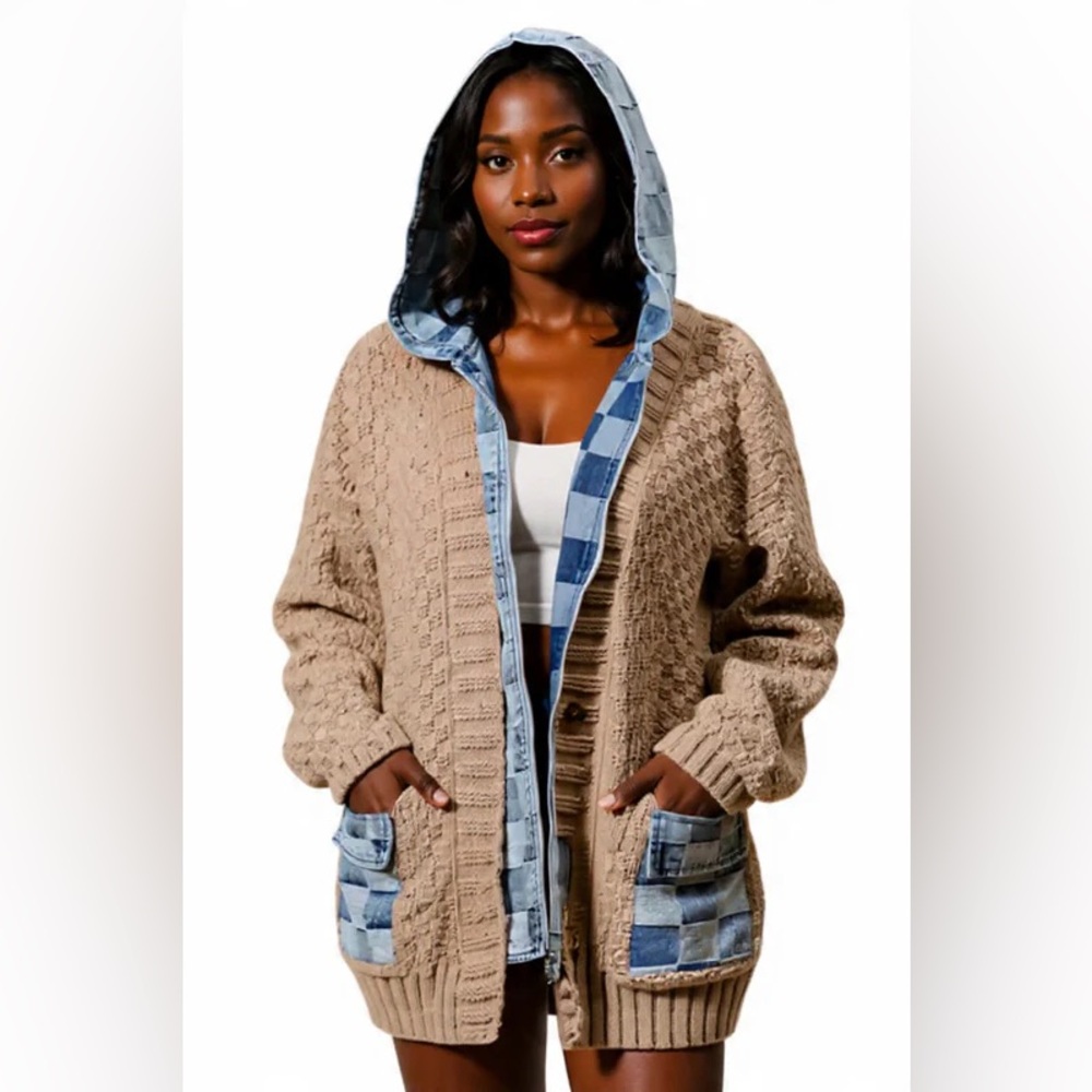 Zip Up Mixed Material Sweater Denim Jean Hoddie Jacket